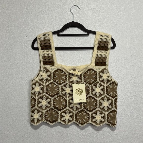 Granny Square Crochet Tank Top Brown Cream Y2K Boho Size S - Picture 10 of 10